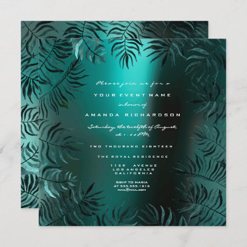 Fern Leafs Framed Crystals Teal Aquatic Luxury VIP Invitation