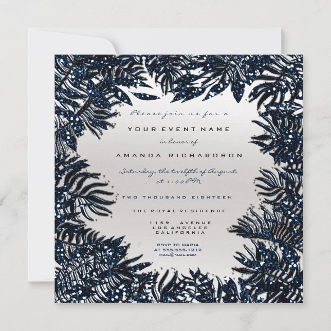 Fern Leafs Framed Metallic Blue Navy Silver Gray Invitation (Front)