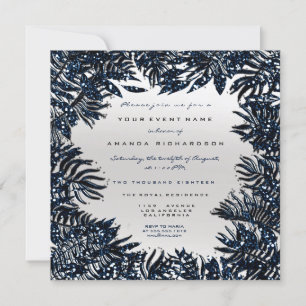 Fern Leafs Framed Metallic Blue Navy Silver Gray Invitation