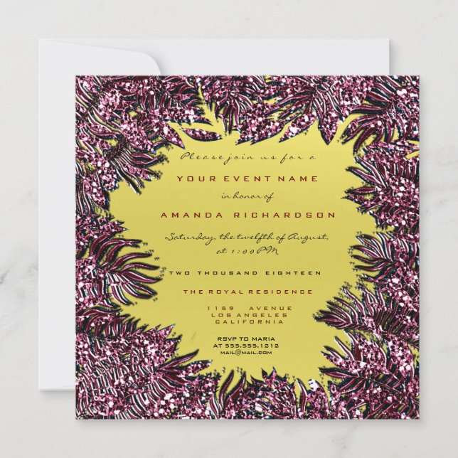 Fern Leafs Framed Metallic Burgundy Red Yellow Invitation (Front)