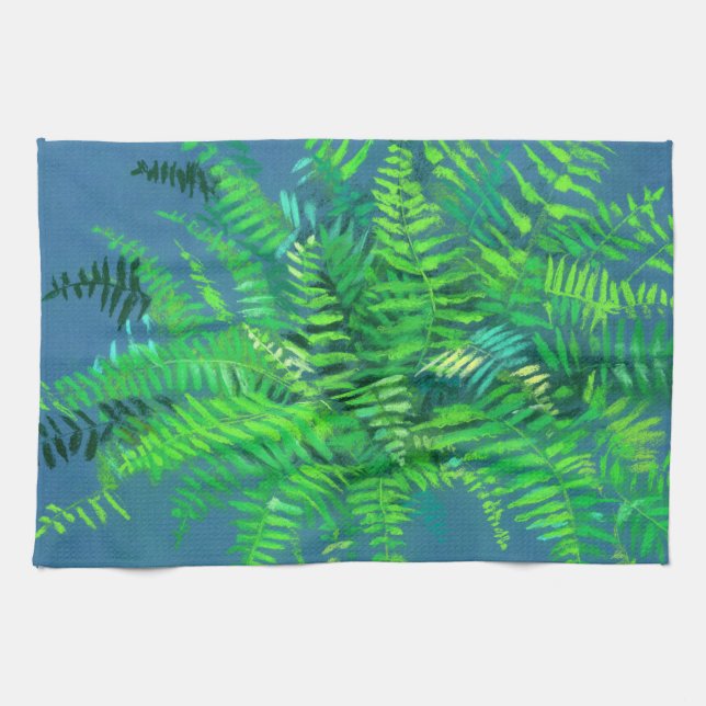 Fern leaves, floral design, greenery, blue & green kitchen towel (Horizontal)