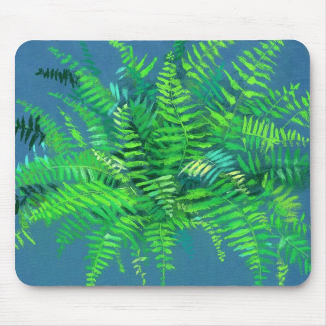 Fern leaves, floral design, greenery, blue & green mouse pad (Front)