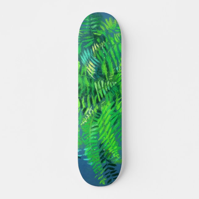 Fern leaves, floral design, greenery, blue & green skateboard (Front)
