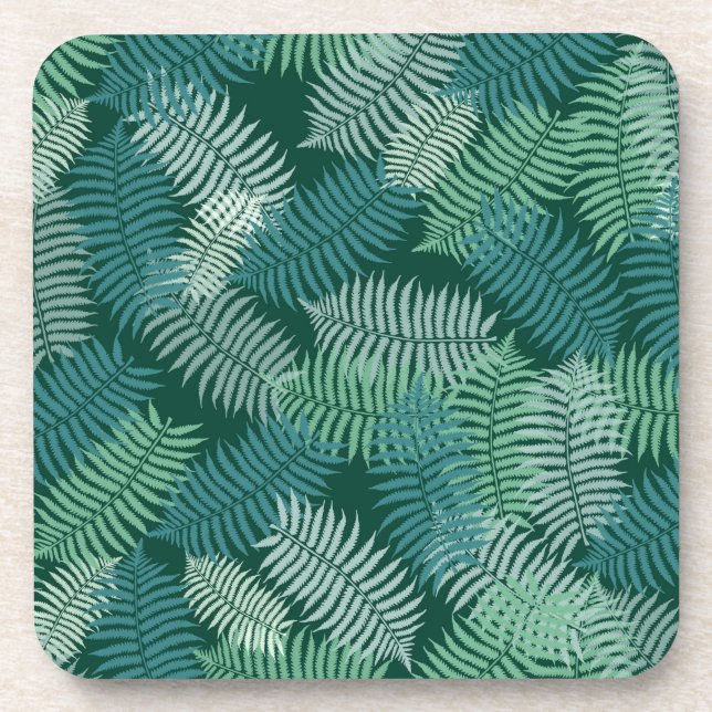 Fern leaves pattern on dark green beverage coaster (Front)