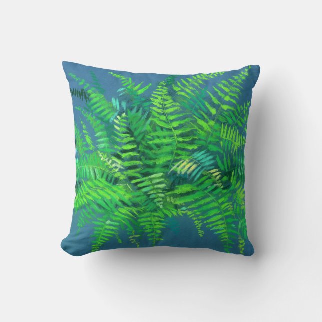 Fern leaves, pteridophyte, floral art blue & green throw pillow (Front)
