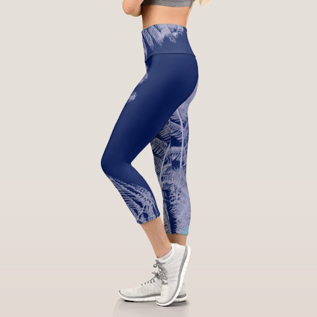 Fern Leaves Texture Sketch White Blue Capri Leggings (Left)