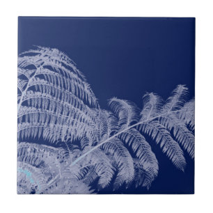 Fern Leaves Texture Sketch White Blue Ceramic Tile