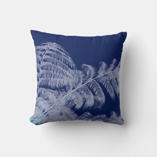 Fern Leaves Texture Sketch White Blue Throw Pillow (Front)