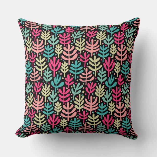 Fern Pattern - Five Colors on Black Throw Pillow (Front)