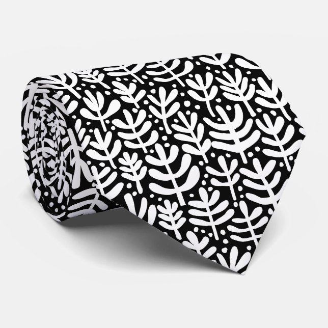 Fern Pattern - White on Black Neck Tie (Rolled)