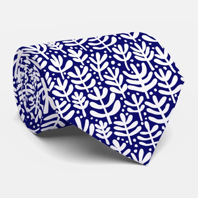 Fern Pattern - White on Deep Navy Neck Tie (Rolled)