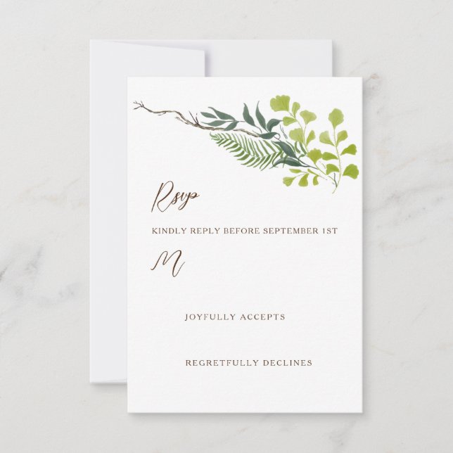 Fern Pepper Tree Leaves Garden Wedding Vertical RSVP Card (Front)
