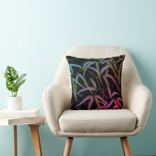 Fern purple green and pink with black background throw pillow