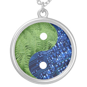 ferns and computer chip silver plated necklace