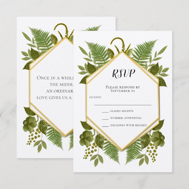 Ferns and Fauna Gold and Greenery Wedding RSVP Invitation (Front/Back)
