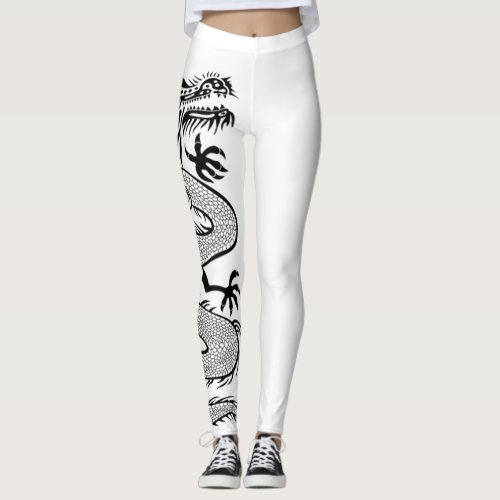 Ferocious Dragon Tattoo In White Color Background Leggings