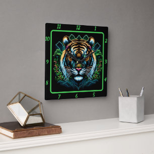 Ferocious Neon Tiger Portrait Square Wall Clock