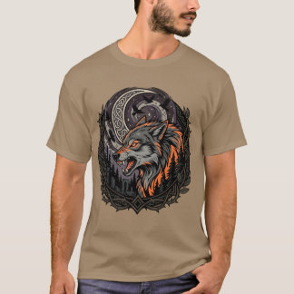 Ferocious Nordic Wolf Moon Raven Viking Art  T-Shirt