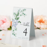 Ferras Blue Hydrangea Wedding Table Number Tent<br><div class="desc">These table numbers feature a watercolour blue hydrangea design with a hand-lettered script font. The script heading is an image that cannot be edited. All of the other text is fully editable. For more advanced customization of this design, simply select the "Customize It" button above. The design is double-sided and...</div>