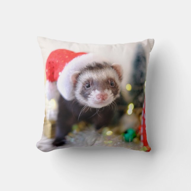 Ferret in Santa Hat Christmas Decoration Throw Pillow (Front)