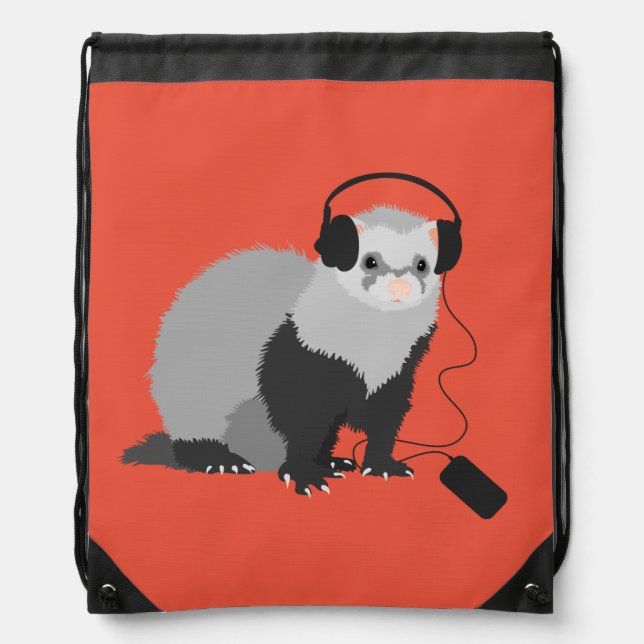 Ferret Music Lover With Headphones Drawstring Bag (Front)