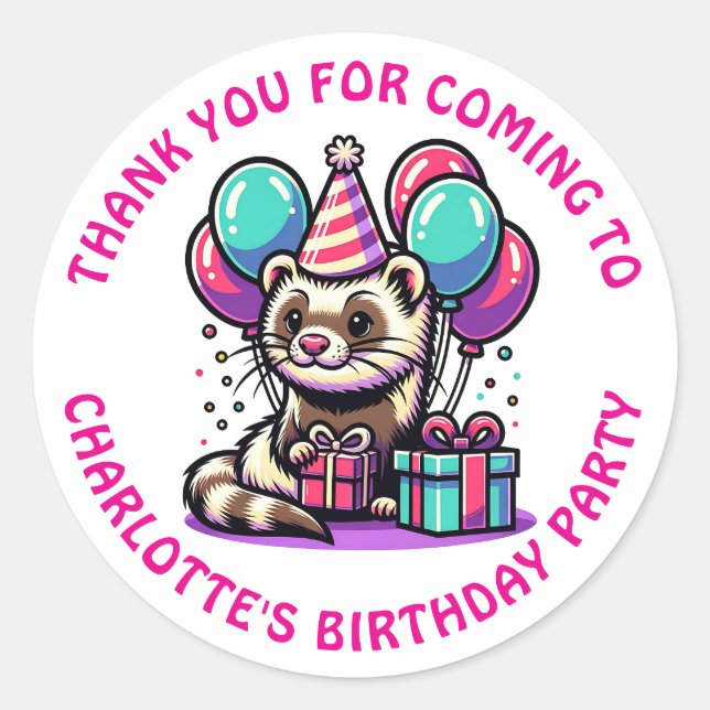 Ferret Themed Girl's Birthday Party Personalized Classic Round Sticker (Front)