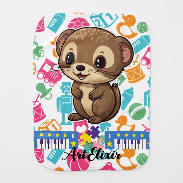 Ferret Toys Print Baby Burp Cloth (Front)