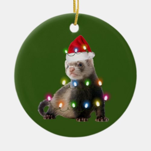 Ferret With Hat Lights Christmas Ceramic Ornament