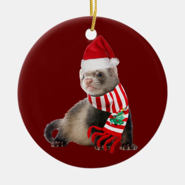 Ferret With Hat Scaft Christmas Ceramic Ornament (Front)