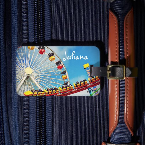 Ferris wheel and roller coaster photo custom name luggage tag