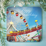 Ferris Wheel Roller Coaster Happy Birthday Script<br><div class="desc">“Happy birthday”. Relive the childhood memories of soft breezes, happy screams, and birds-eye views. Remember the fun while celebrating birthdays using these orange, turquoise, & blue ferris wheel and roller coaster photography paper coasters. Your choice of various shapes. Matching plates, napkins and other birthday goods are also available. You can...</div>