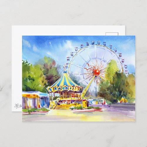 Ferris wheel Watercolor art of Amusement park Postcard
