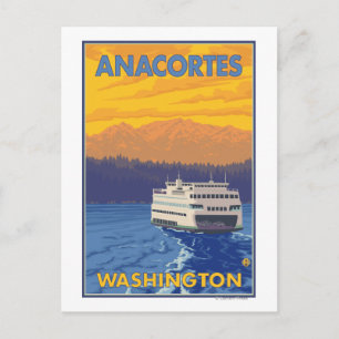 Ferry and Mountains - Anacortes, Washington Postcard