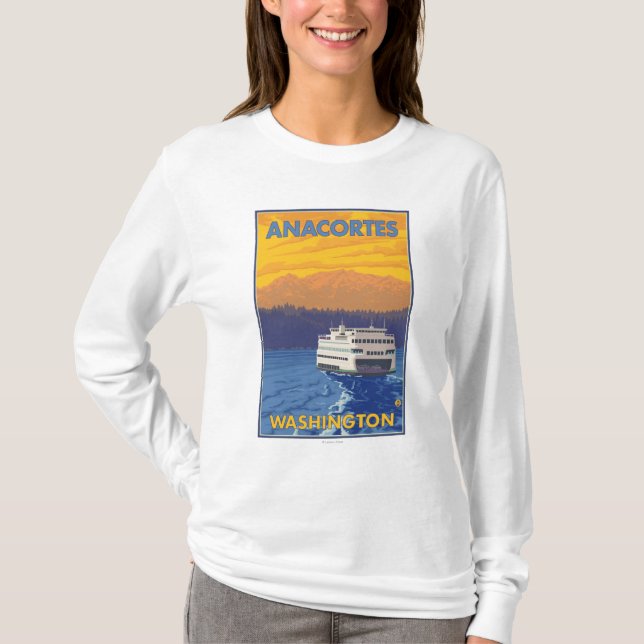 Ferry and Mountains - Anacortes, Washington T-Shirt (Front)