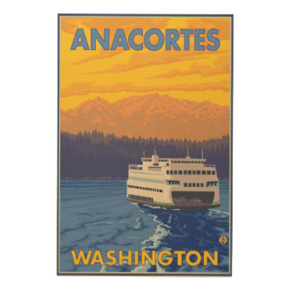 Ferry and Mountains - Anacortes, Washington Wood Wall Decor