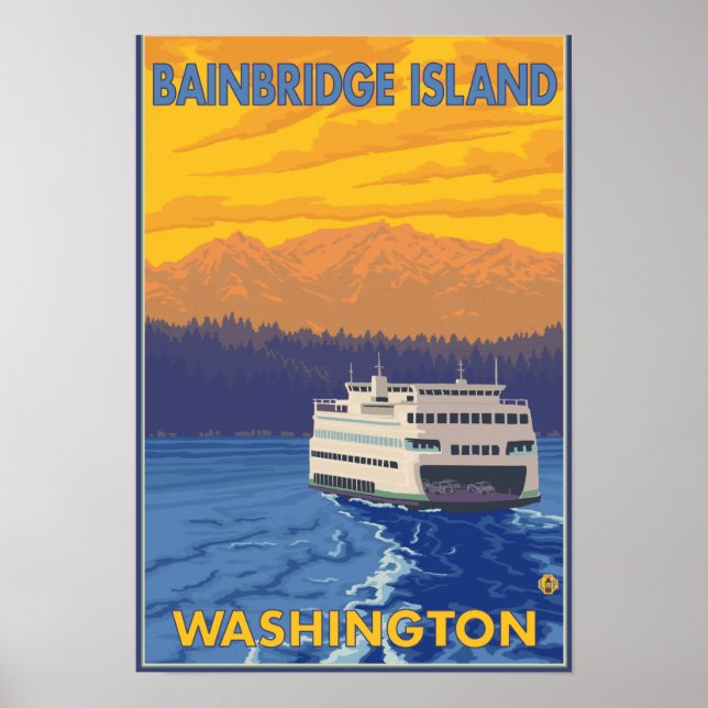 Ferry and Mountains - Bainbridge Island, WA Poster (Front)