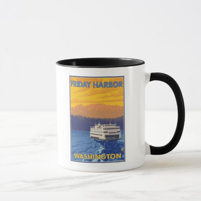 Ferry and Mountains - Friday Harbor, Washington Mug (Right)