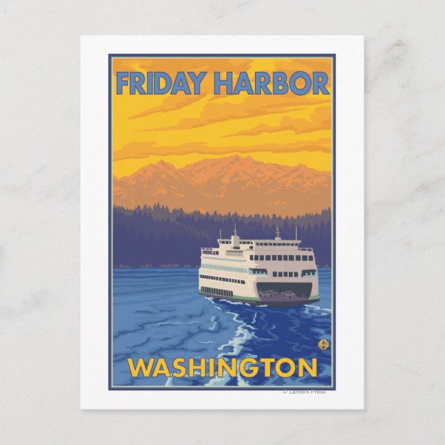 Ferry and Mountains - Friday Harbor, Washington Postcard (Front)