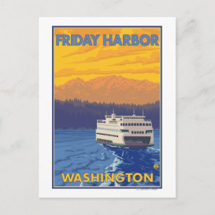 Ferry and Mountains - Friday Harbor, Washington Postcard