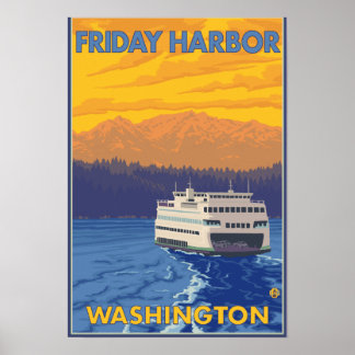 Ferry and Mountains - Friday Harbor, Washington Poster