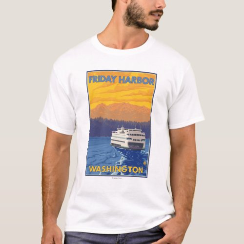 Ferry and Mountains _ Friday Harbor Washington T_Shirt