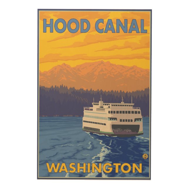 Ferry and Mountains - Hood Canal, Washington Wood Wall Art (Front)