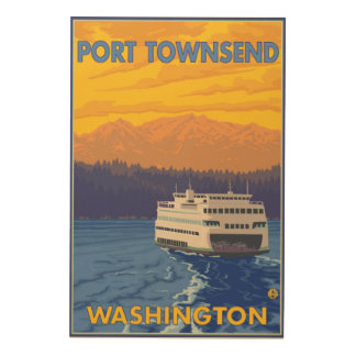 Ferry and Mountains - Port Townsend, Washington Wood Wall Art