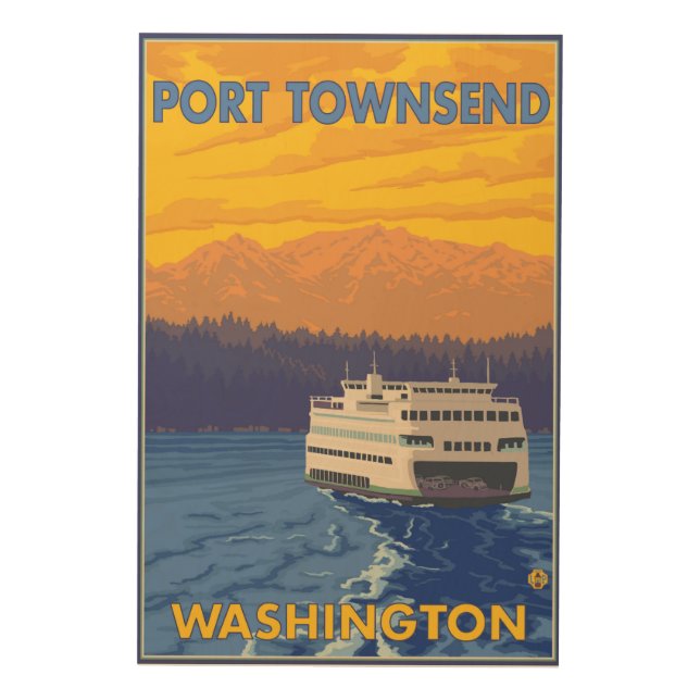 Ferry and Mountains - Port Townsend, Washington Wood Wall Art (Front)
