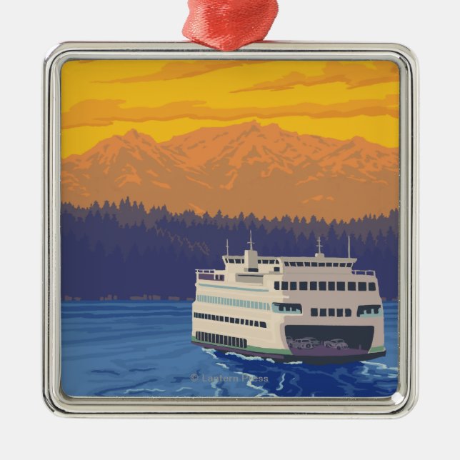 Ferry and Mountains - Seattle, Washington Metal Ornament (Front)