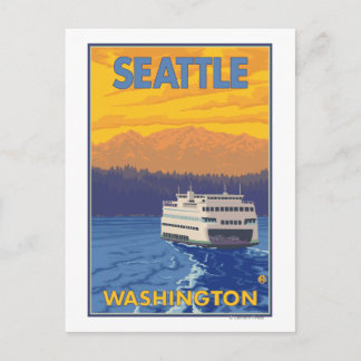 Ferry and Mountains - Seattle, Washington Postcard