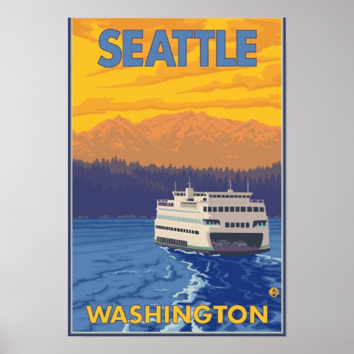 Ferry and Mountains _ Seattle Washington Poster