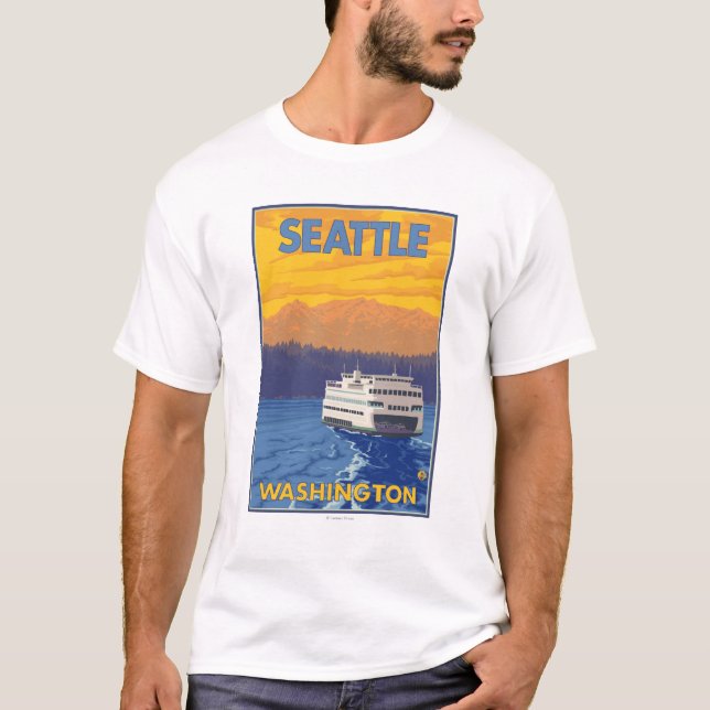 Ferry and Mountains - Seattle, Washington T-Shirt (Front)