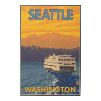 Ferry and Mountains - Seattle, Washington Wood Wall Decor