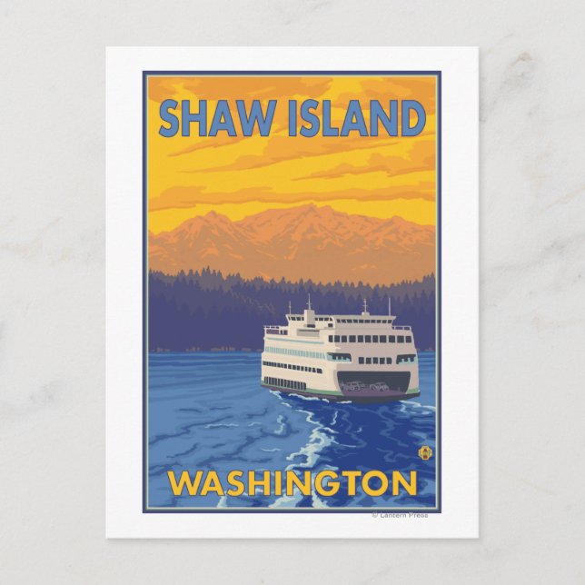 Ferry and Mountains - Shaw Island, Washington Postcard (Front)